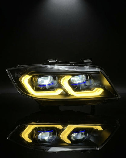 BMW 3 Series E90 LED headlight assembly with dual-color daytime running lights, branded by K2 Industries, for 2005-2012 models.