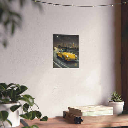 1973 Porsche 911 Wall Art Signal Yellow Night Highway City Skyline Full Moon Poster Classic German Sports Car Oil Painting Fine Art Print for Home Office Decor