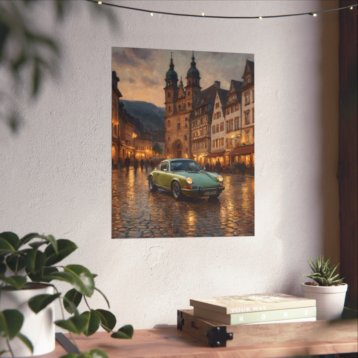 1973 Porsche 911 Wall Art Lime Yellow Green Old German Town Cobblestone Dusk Poster Classic German Sports Car Oil Painting Fine Art Print for Home Office Decor