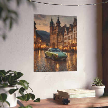 1973 Porsche 911 Wall Art Lime Yellow Green Old German Town Cobblestone Dusk Poster Classic German Sports Car Oil Painting Fine Art Print for Home Office Decor