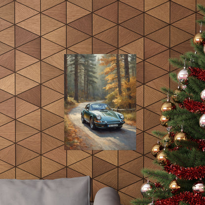 1973 Porsche 911 Wall Art Forest Green Autumn Pine Forest Dirt Road Poster Classic German Sports Car Oil Painting Fine Art Print for Home Office Decor