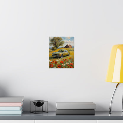 1973 BMW 30 CSL Wall Art Taiga Green Spring Poppy Field Countryside Barn Poster Classic German Sports Coupe Oil Painting Fine Art Print for Home Office Decor