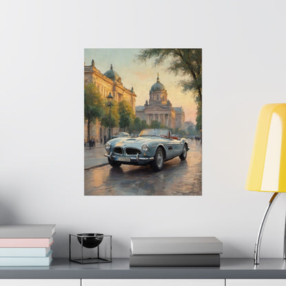 Vintage 1957 BMW 507 Roadster Poster | European City Boulevard Sunset Wall Art | Impressionist European Classic Sports Car Fine Art Paper Print
