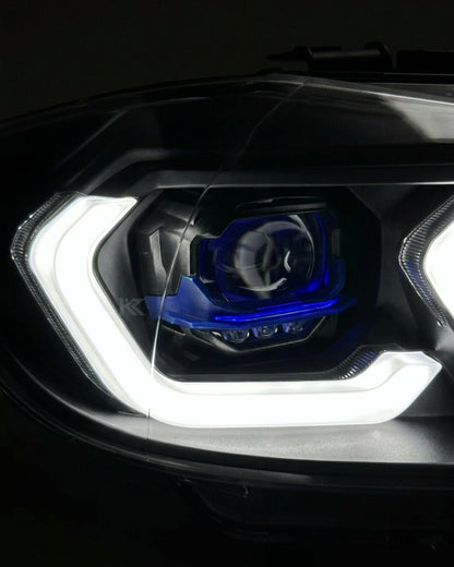 BMW 3 Series E90 LED headlight assembly with dual-color daytime running lights, made by K2 Industries, for 2005-2012 models