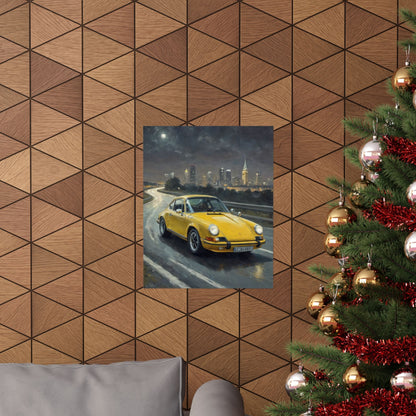 1973 Porsche 911 Wall Art Signal Yellow Night Highway City Skyline Full Moon Poster Classic German Sports Car Oil Painting Fine Art Print for Home Office Decor