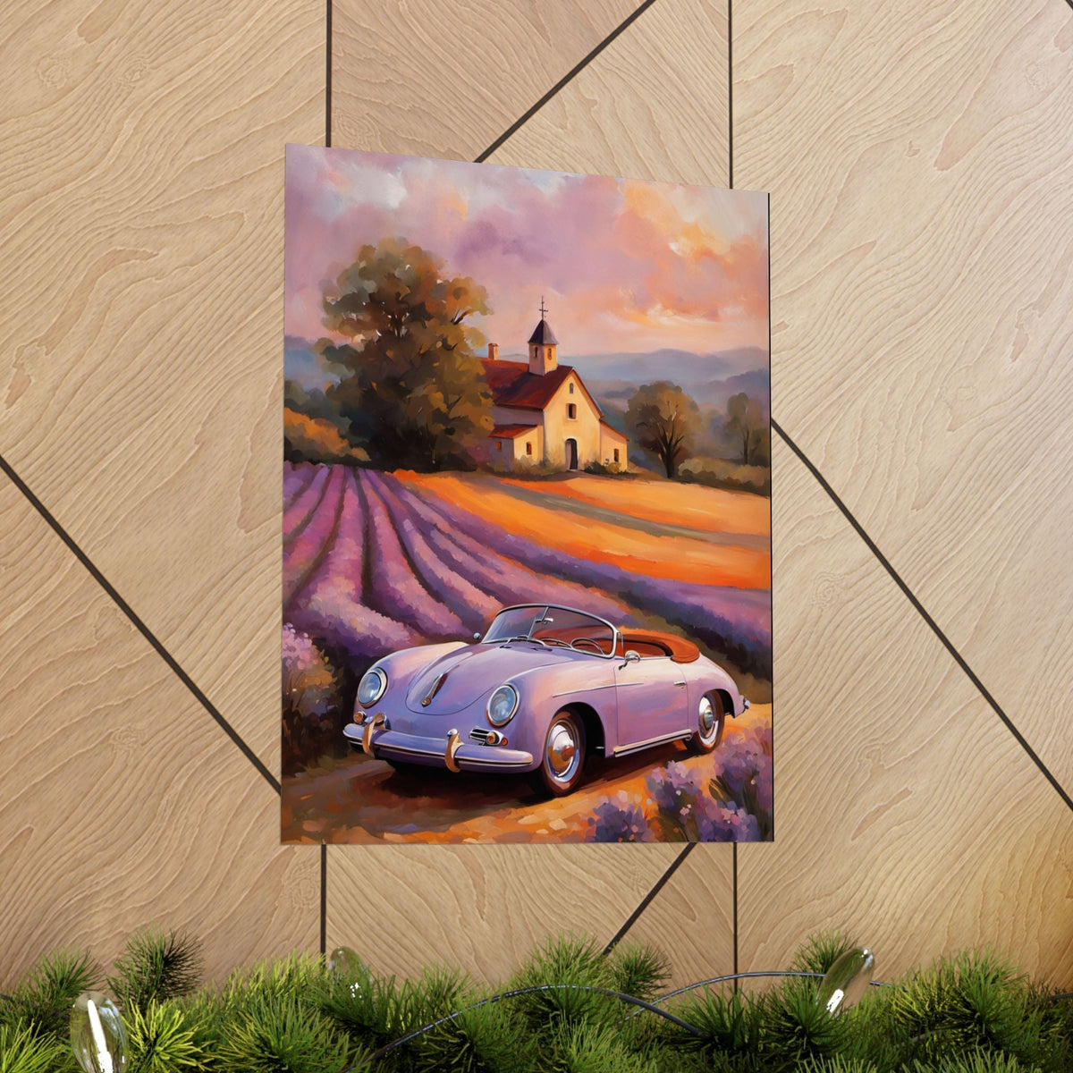 Vintage 1956 Porsche 356 Speedster Poster | Provence Lavender Field Sunset Wall Art | Impressionist European Classic Sports Car Fine Art Paper Print