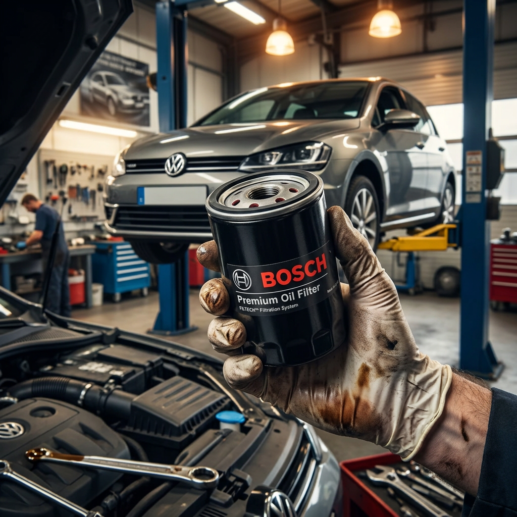 Bosch 06A115561B engine oil filter for Audi, VW, and Porsche vehicles, shown in a close-up image with brand markings.