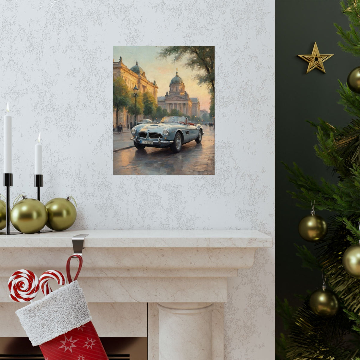 Vintage 1957 BMW 507 Roadster Poster | European City Boulevard Sunset Wall Art | Impressionist European Classic Sports Car Fine Art Paper Print