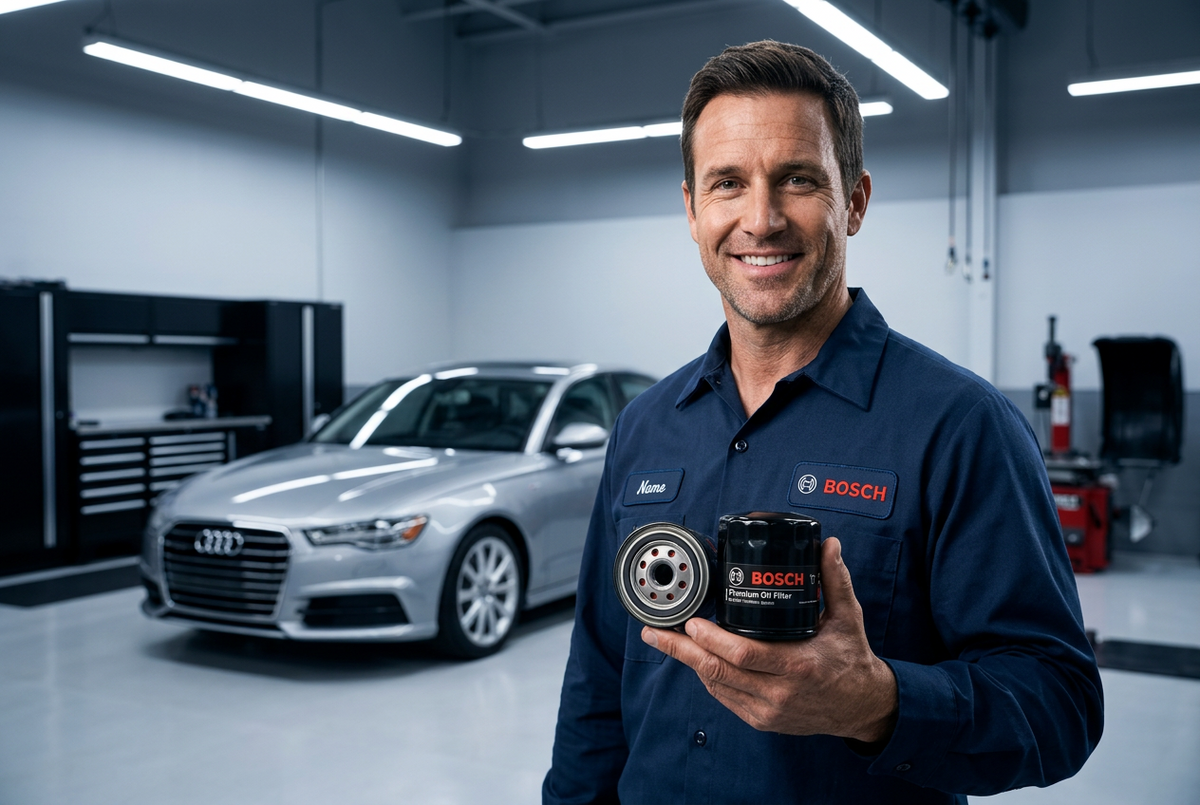 Bosch engine oil filter 3441 for Audi, VW, Porsche, shown in image. Durable automotive oil filter by WorldPac.