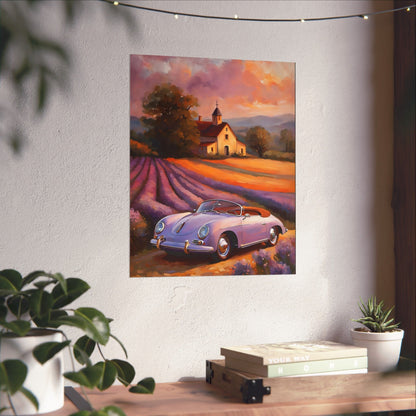 Vintage 1956 Porsche 356 Speedster Poster | Provence Lavender Field Sunset Wall Art | Impressionist European Classic Sports Car Fine Art Paper Print