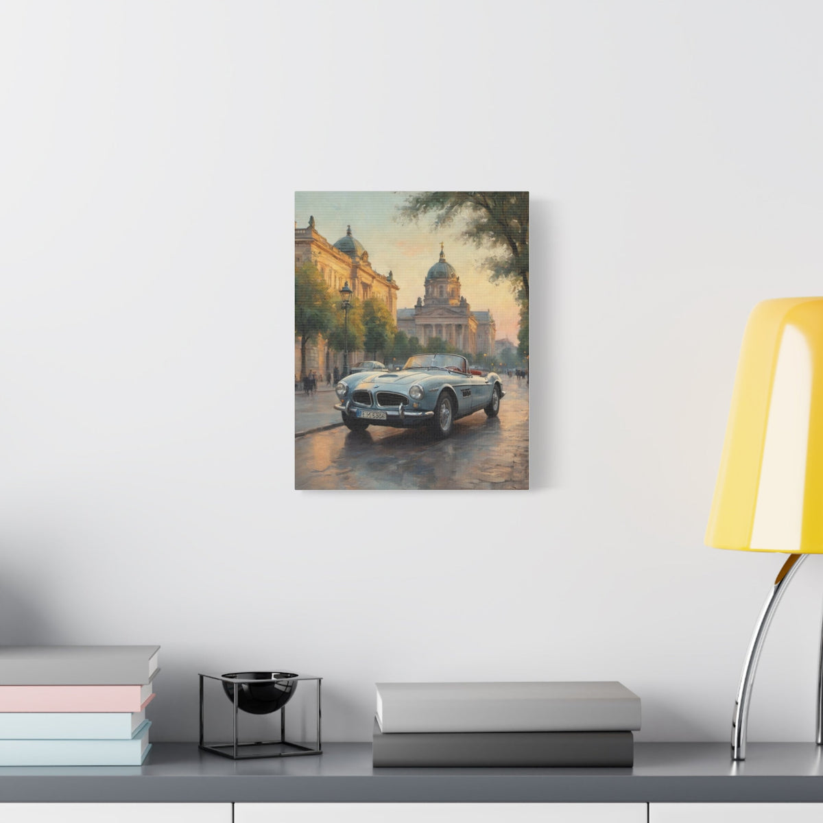 Vintage 1957 BMW 507 Roadster Canvas Wall Art | European City Boulevard Sunset Canvas Print | Impressionist Classic European Sports Car Art for Living Room & Office
