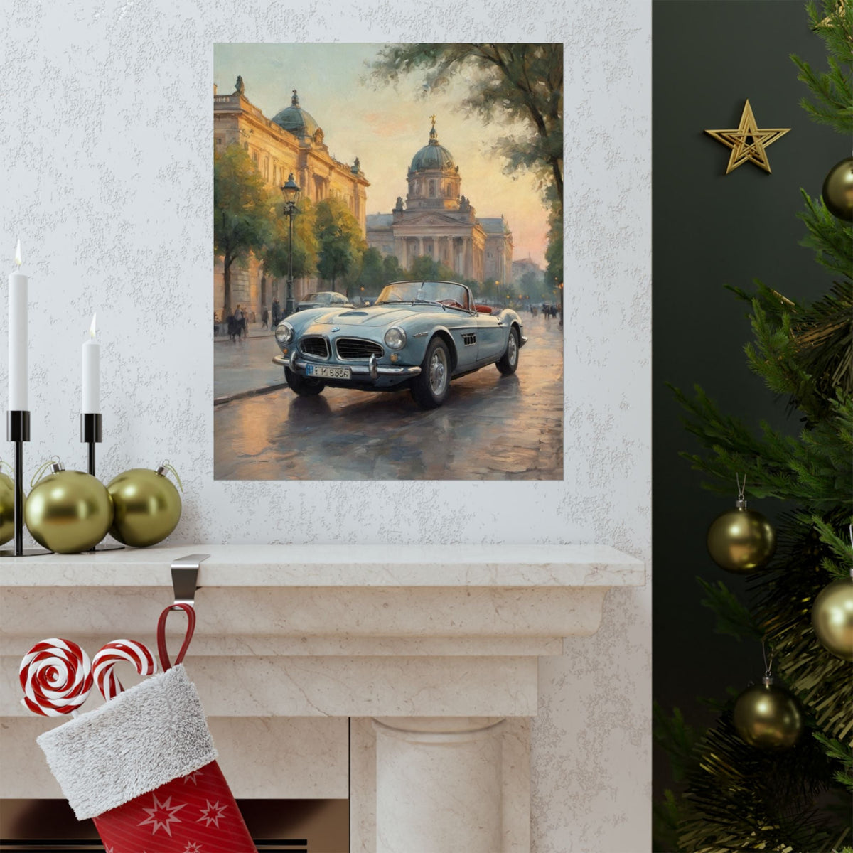 Vintage 1957 BMW 507 Roadster Poster | European City Boulevard Sunset Wall Art | Impressionist European Classic Sports Car Fine Art Paper Print