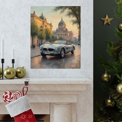 Vintage 1957 BMW 507 Roadster Poster | European City Boulevard Sunset Wall Art | Impressionist European Classic Sports Car Fine Art Paper Print