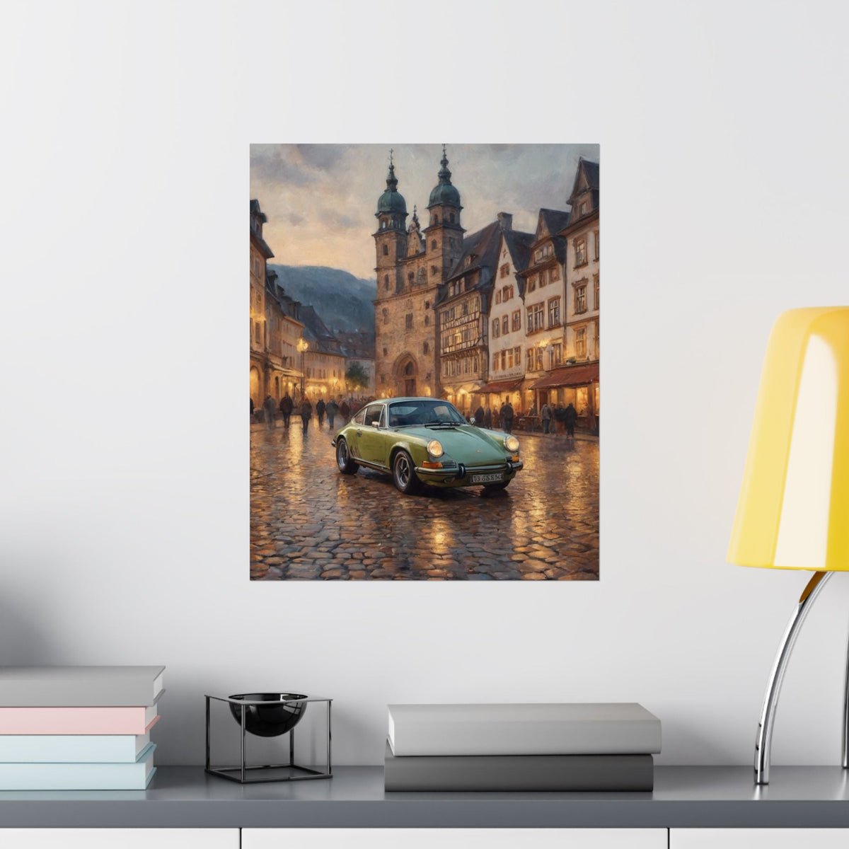 1973 Porsche 911 Wall Art Lime Yellow Green Old German Town Cobblestone Dusk Poster Classic German Sports Car Oil Painting Fine Art Print for Home Office Decor