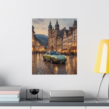 1973 Porsche 911 Wall Art Lime Yellow Green Old German Town Cobblestone Dusk Poster Classic German Sports Car Oil Painting Fine Art Print for Home Office Decor