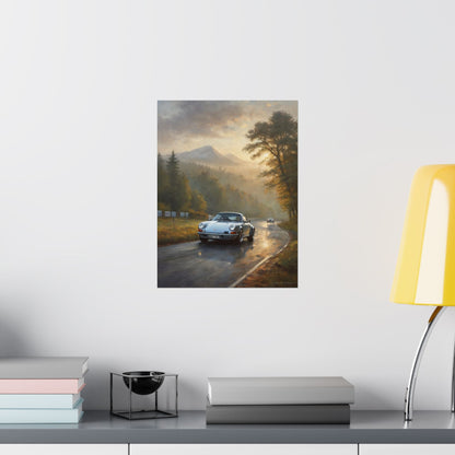 1973 Porsche 911 Wall Art Silver Metallic Nürburgring Nordschleife Misty Forest Racetrack Sunrise Poster Classic German Sports Car Oil Painting Fine Art Print for Home Office Decor
