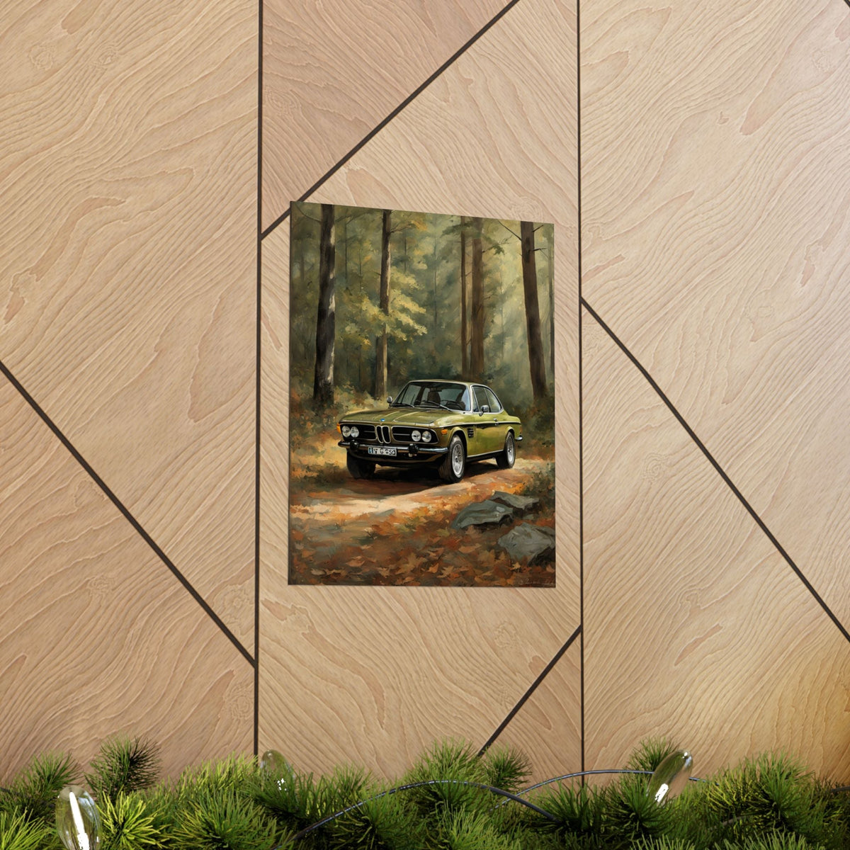 1973 BMW 30 CSL Wall Art Taiga Metallic Green Autumn Forest Sunlight Poster Classic German Sports Coupe Oil Painting Fine Art Print for Home Office Decor