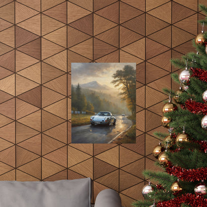 1973 Porsche 911 Wall Art Silver Metallic Nürburgring Nordschleife Misty Forest Racetrack Sunrise Poster Classic German Sports Car Oil Painting Fine Art Print for Home Office Decor