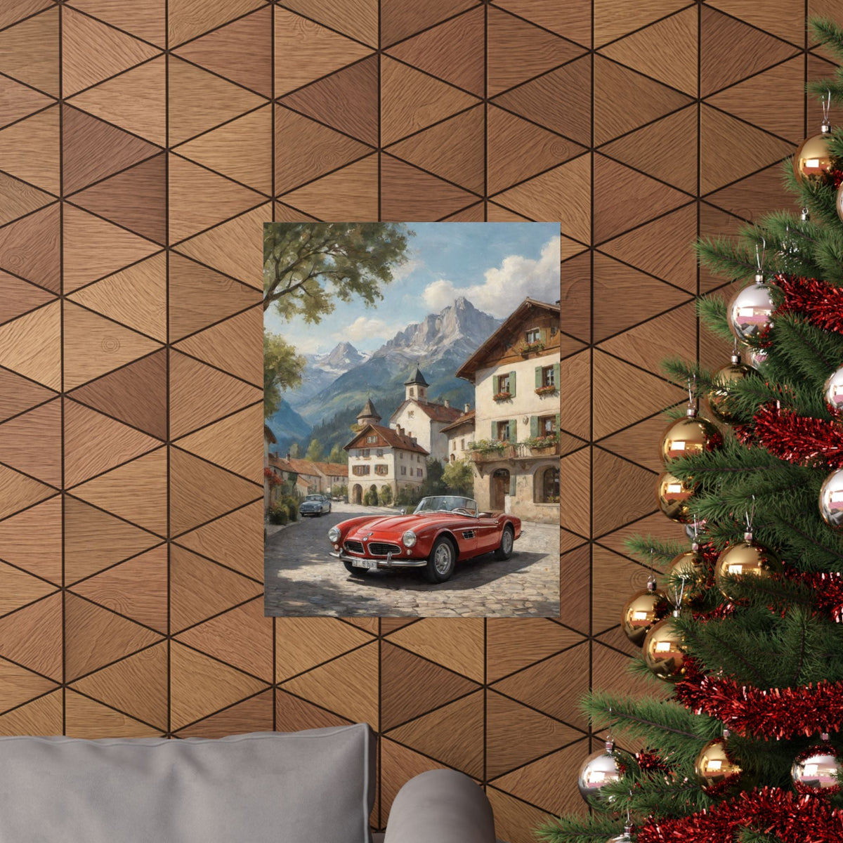 Vintage 1957 BMW 507 Roadster Poster | Bavarian Alpine Village Wall Art | Impressionist European Classic Sports Car Fine Art Paper Print