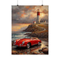 Vintage 1956 Porsche 356 Speedster Poster | Coastal Lighthouse Sunset Wall Art | Impressionist European Classic Sports Car Fine Art Paper Print