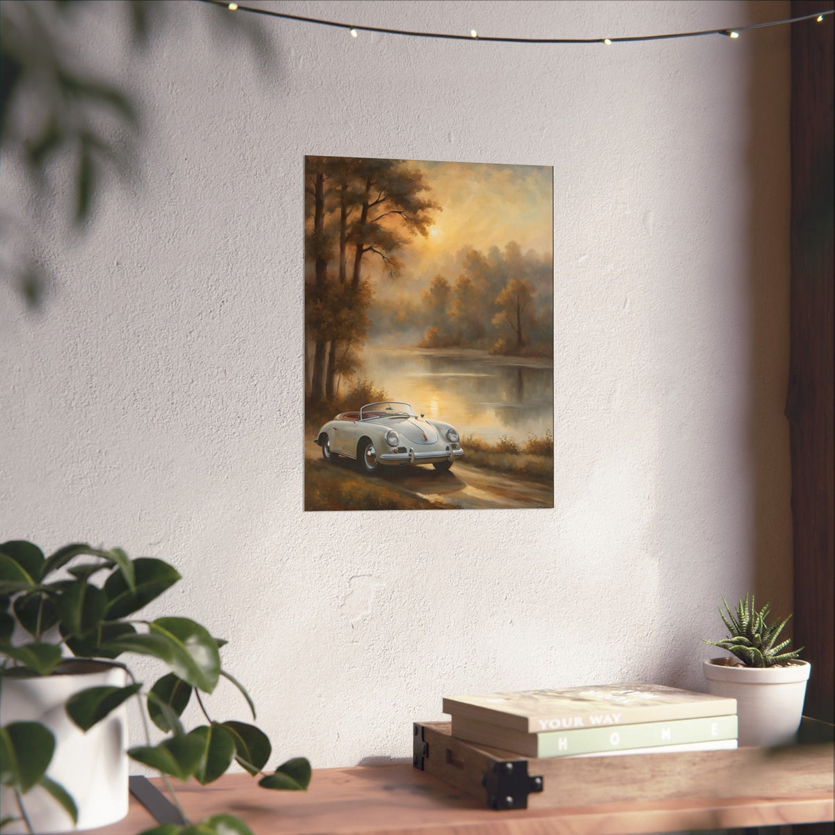 Vintage 1956 Porsche 356 Speedster Poster | Misty Lakeside Sunrise Wall Art | Impressionist European Classic Sports Car Fine Art Paper Print