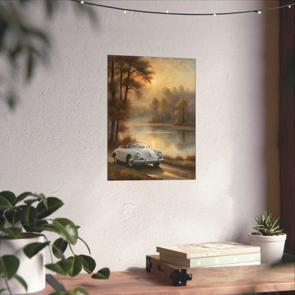 Vintage 1956 Porsche 356 Speedster Poster | Misty Lakeside Sunrise Wall Art | Impressionist European Classic Sports Car Fine Art Paper Print
