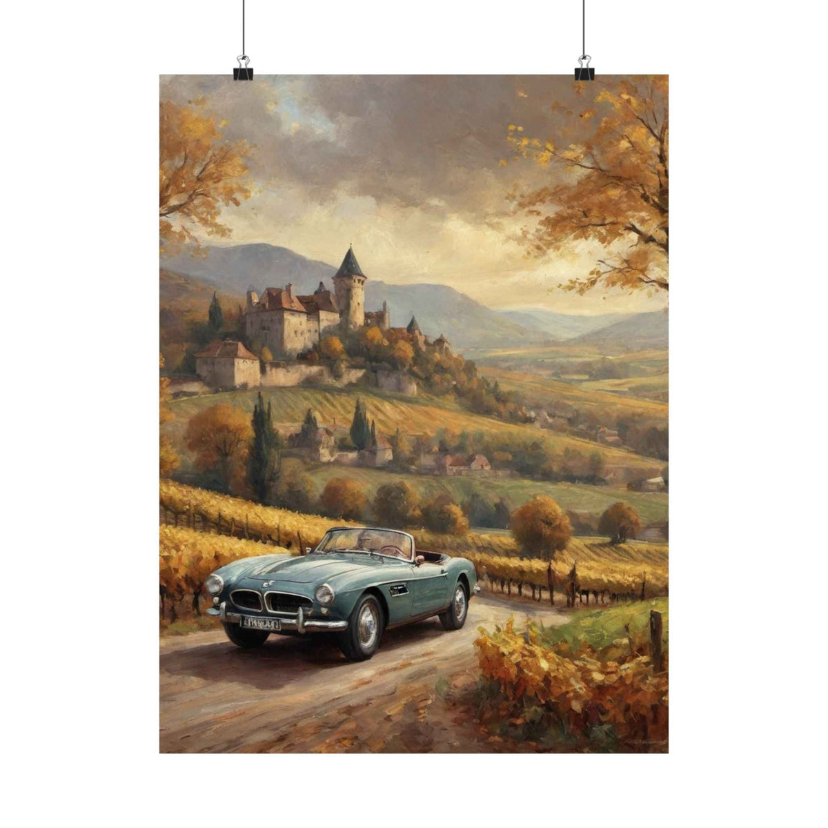 Vintage 1957 BMW 507 Roadster Poster | Autumn Vineyard Castle Valley Wall Art | Impressionist European Classic Sports Car Fine Art Paper Print
