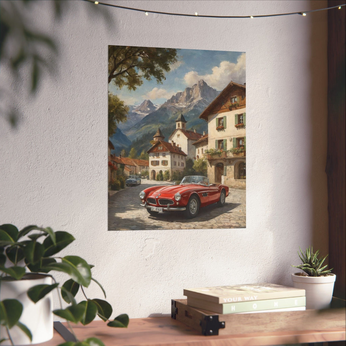 Vintage 1957 BMW 507 Roadster Poster | Bavarian Alpine Village Wall Art | Impressionist European Classic Sports Car Fine Art Paper Print