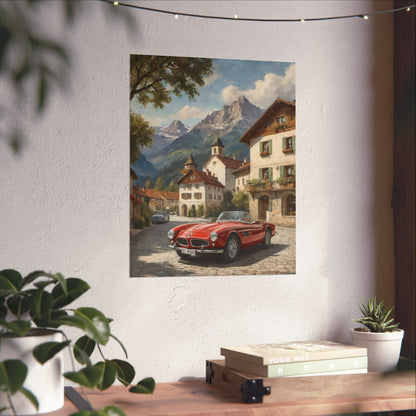 Vintage 1957 BMW 507 Roadster Poster | Bavarian Alpine Village Wall Art | Impressionist European Classic Sports Car Fine Art Paper Print