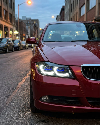 BMW 3 Series E90 LED headlight assembly with dual-color DRL by K2 Industries, showing the clear lens and modern design.