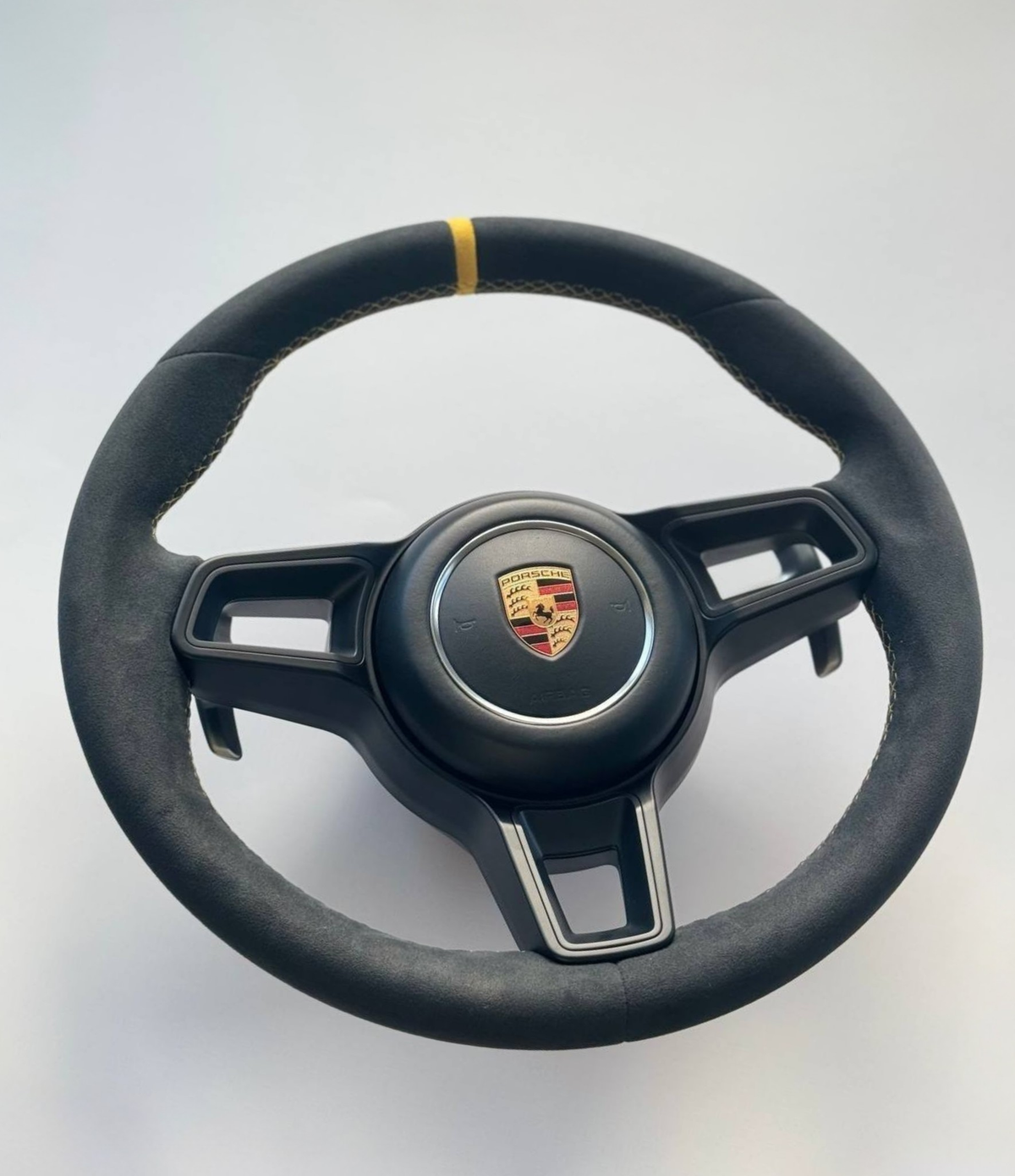 Genuine Porsche 991.2 steering wheel full set in yellow with black accents, manufactured by Boston Motortech.