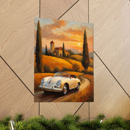 Vintage 1956 Porsche 356 Speedster Poster | Tuscan Countryside Sunset Wall Art | Impressionist European Classic Sports Car Fine Art Paper Print