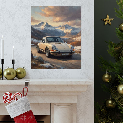 1973 Porsche 911 Wall Art Beige Sahara Grey Snow Capped Alps Alpine Pass Sunset Poster Classic German Sports Car Oil Painting Fine Art Print for Home Office Decor