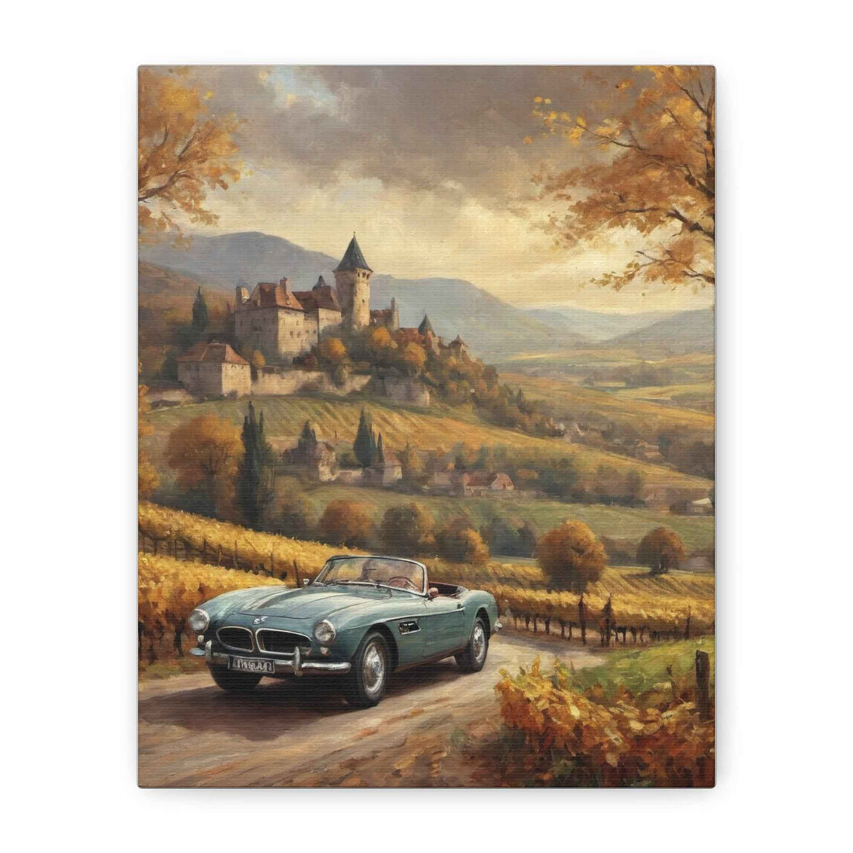 Vintage 1957 BMW 507 Roadster Canvas Wall Art | Autumn Vineyard Castle Valley Canvas Print | Impressionist Classic European Sports Car Art for Living Room & Office