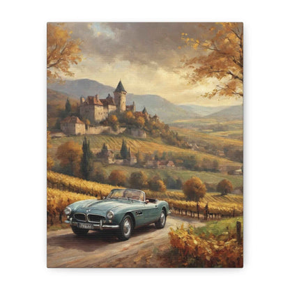 Vintage 1957 BMW 507 Roadster Canvas Wall Art | Autumn Vineyard Castle Valley Canvas Print | Impressionist Classic European Sports Car Art for Living Room & Office
