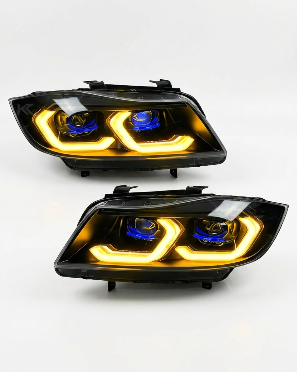 BMW 3 Series E90 LED headlight assembly with dual-color daytime running lights, manufactured by K2 Industries, for 2005-2012 models.