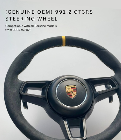 Genuine Porsche 991.2 steering wheel full set in vibrant yellow with black accents, crafted by Boston Motortech.