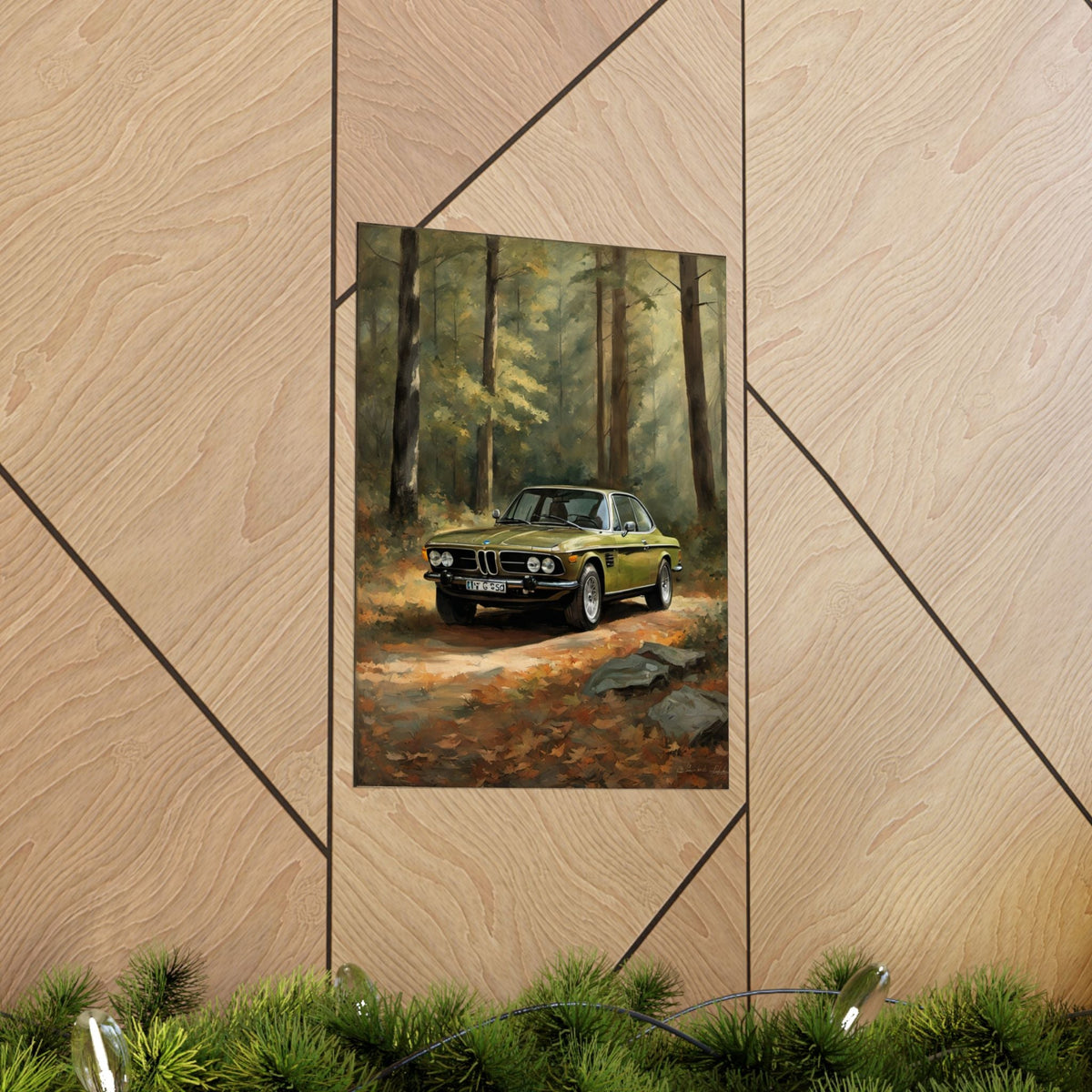 1973 BMW 30 CSL Wall Art Taiga Metallic Green Autumn Forest Sunlight Poster Classic German Sports Coupe Oil Painting Fine Art Print for Home Office Decor