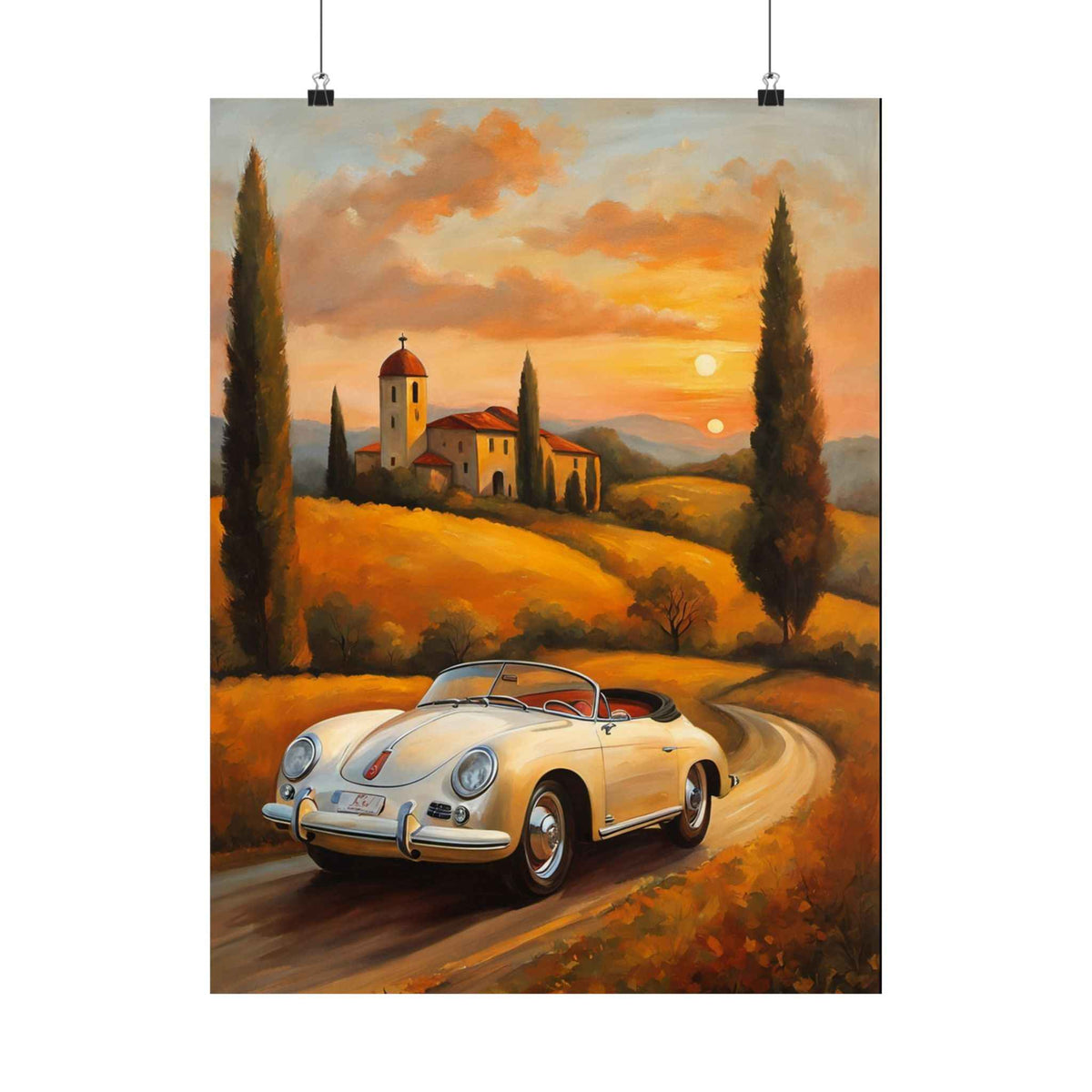Vintage 1956 Porsche 356 Speedster Poster | Tuscan Countryside Sunset Wall Art | Impressionist European Classic Sports Car Fine Art Paper Print