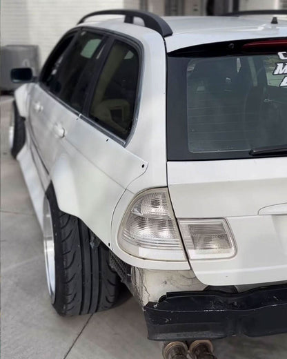 BMW E46 Touring series 3 wide body kit by K2 Industries, showing front and side view of the custom body kit on the car.