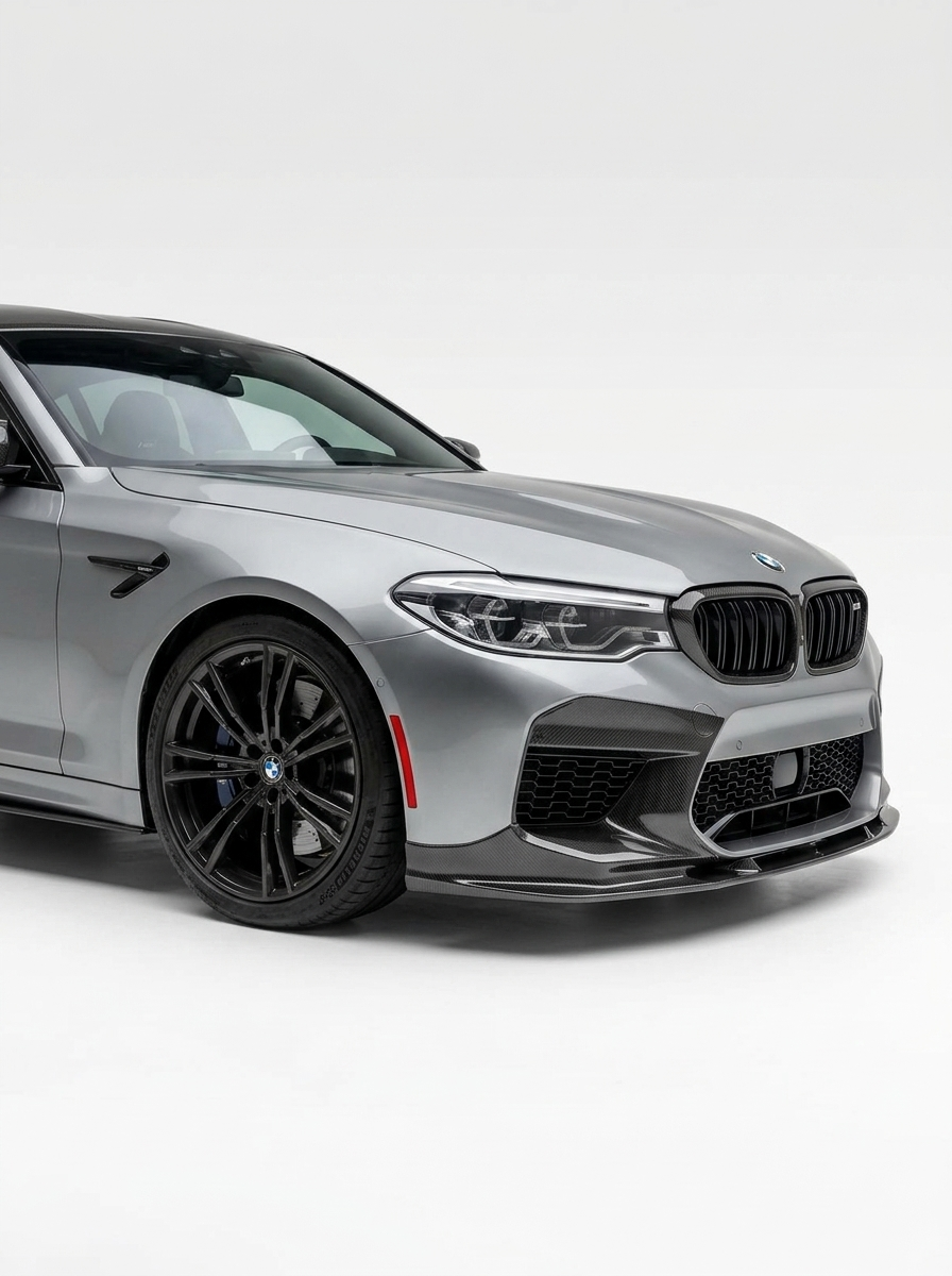 BMW 5 Series F90 M5 3D Style carbon fiber front lip by K2 Industries, showing the sleek, textured carbon fiber design on the car's front bumper.