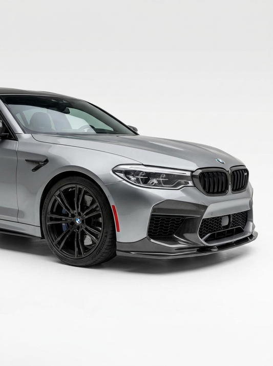 BMW 5 Series F90 M5 3D Style carbon fiber front lip by K2 Industries, showing the sleek, textured carbon fiber design on the car's front bumper.