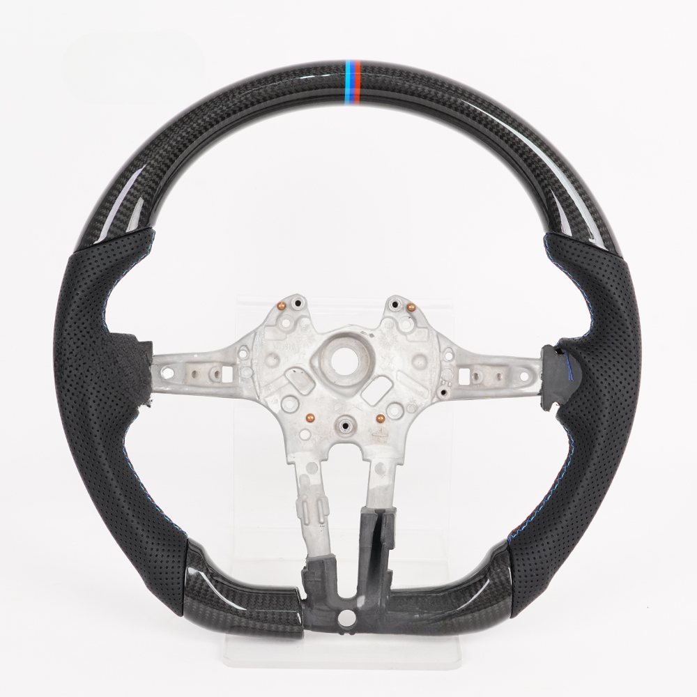Vekto carbon fiber BMW F-Series steering wheel with tri-color or red stripe design, showcasing sleek, sporty interior style.