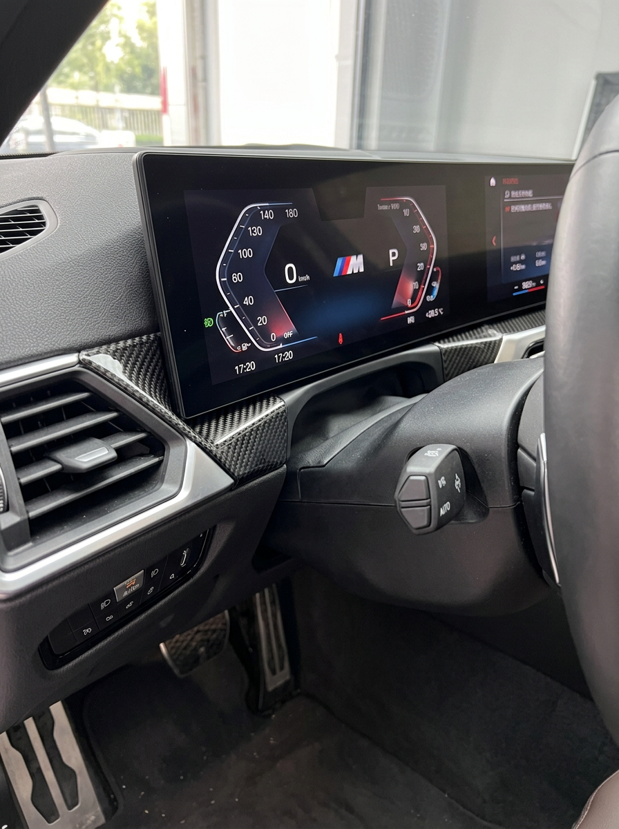 BMW 3/4 Series G80/G81/G82/G83/G87 carbon fiber dashboard trim by K2 Industries, showing sleek textured finish and precise fit.
