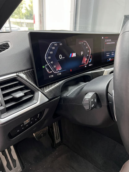 BMW 3/4 Series G80/G81/G82/G83/G87 carbon fiber dashboard trim by K2 Industries, showing sleek textured finish and precise fit.