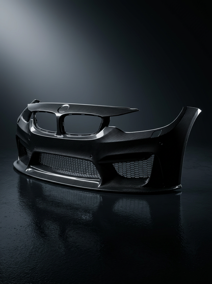 K2 Industries carbon fiber front bumper for BMW 3 Series F80 F82 F83, showing the sleek, aerodynamic design with detailed carbon fiber finish.
