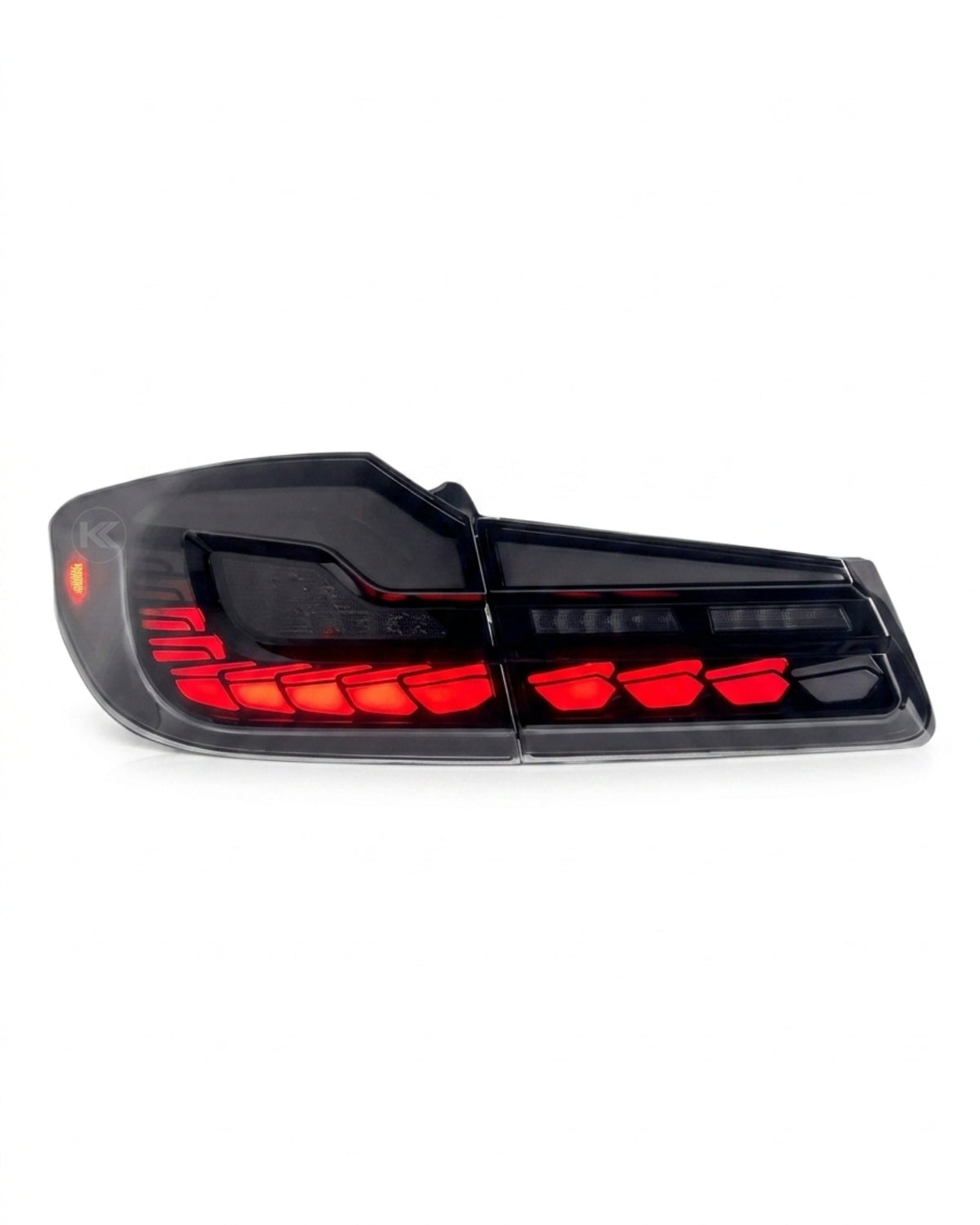 BMW 5-Series G30 G38 LED flow tail lights by K2 Industries, showcasing sleek red and clear design for model years 2018-2020.