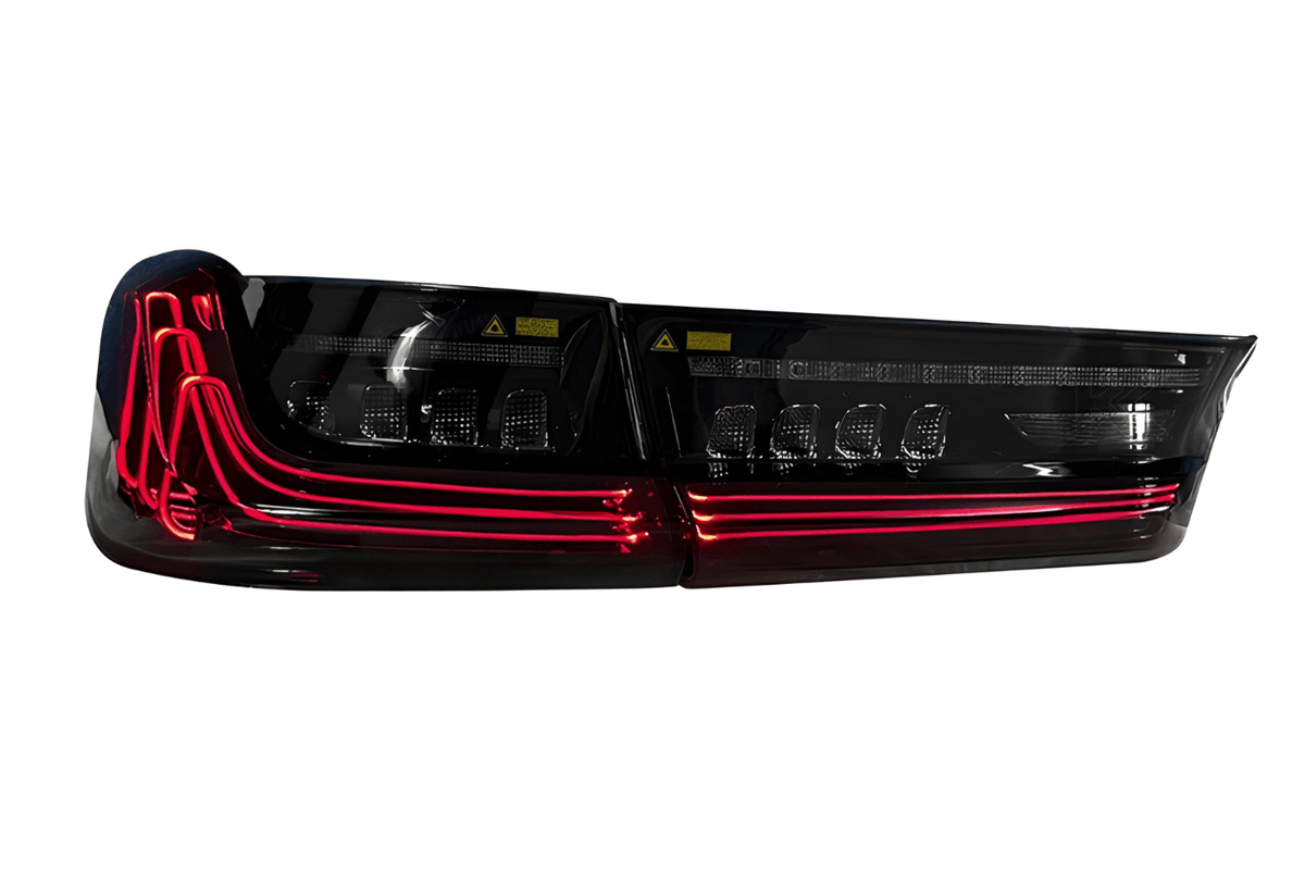 BMW 3 Series G20 G28 tail lights with red and smoked CSL style laser design by K2 Industries, featuring sleek automotive lighting.
