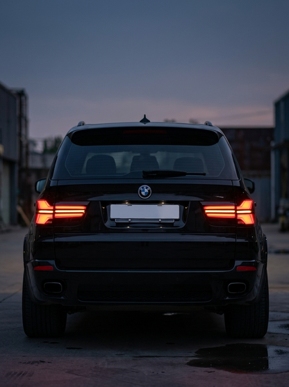 BMW X5 E70 tail light assembly with 35W LED running lights and dynamic turn signal, replacement part by K2 Industries.
