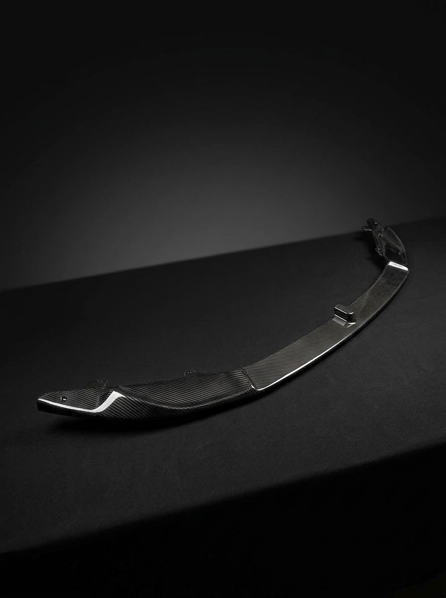 BMW 3 Series F80 M3 F82 M4 carbon fiber front lip, K2 Industries M Performance style, close-up view of aerodynamic front splitter
